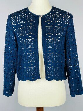 RN Studio Crop Cardigan Sz L Navy Lace Crochet Romantic Feminine Coastal Granny